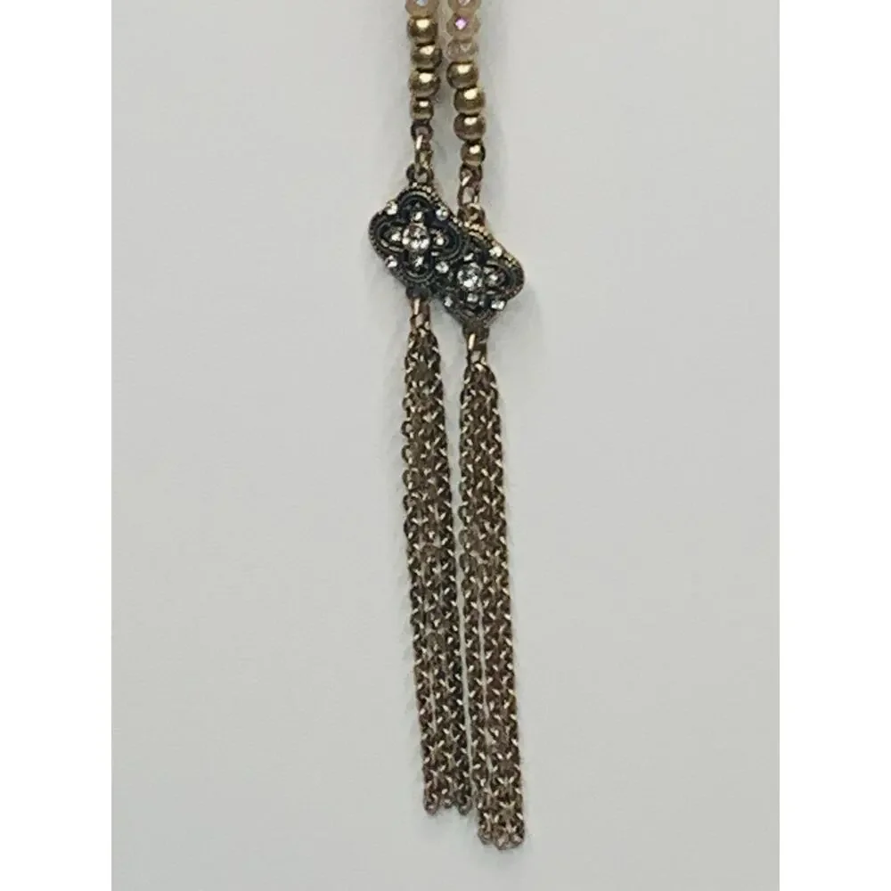 Long Gold Tone Beaded Tassel Necklace with Beaded Knot